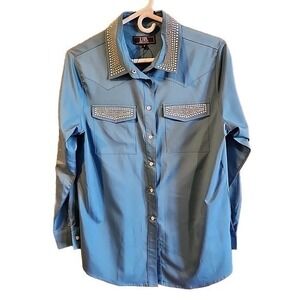 L & B Lucky And Blessed Western Shirt Womens Small‎ Pearl Snap Teal White Studs